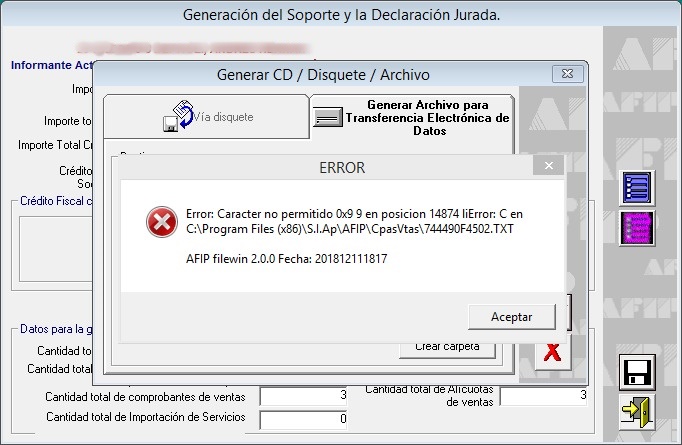 Imagen del error que presenta el aplicativo al querer generar el archivo.