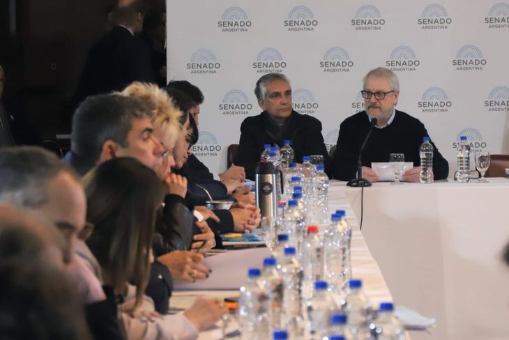 El actor Jorge Marrale y el productor Guillermo Tello en el plenario de comisiones del Senado.